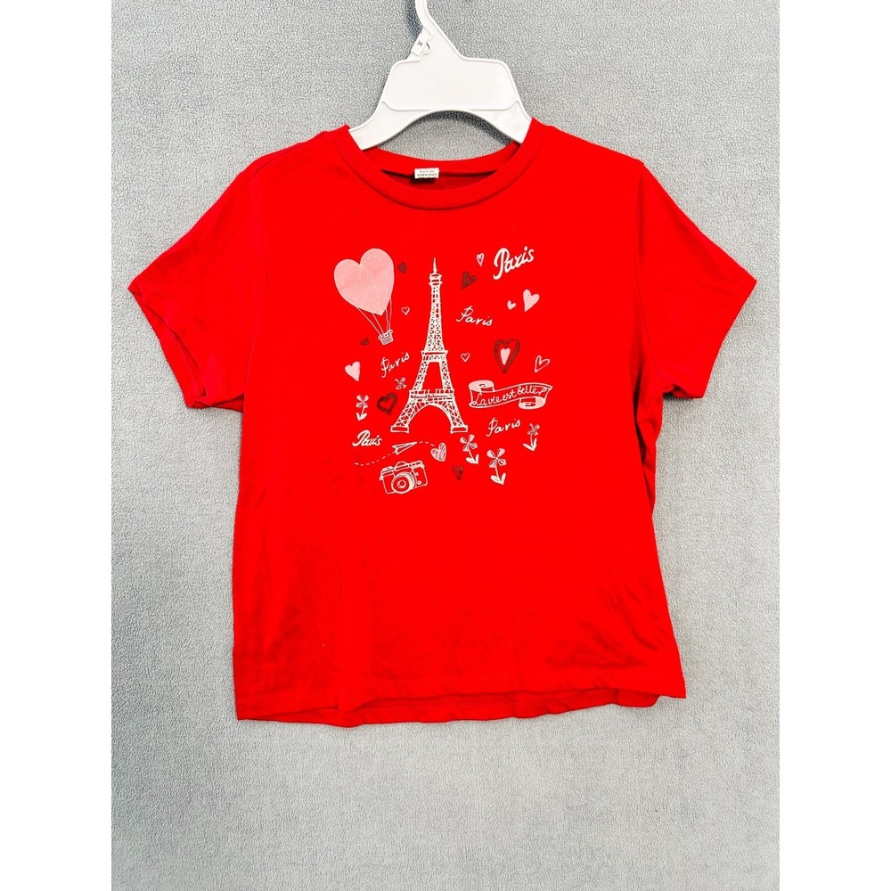 Paris Eiffel Tower Graphic T-Shirt Red Short Sleeve Cotton Blend Kids Large